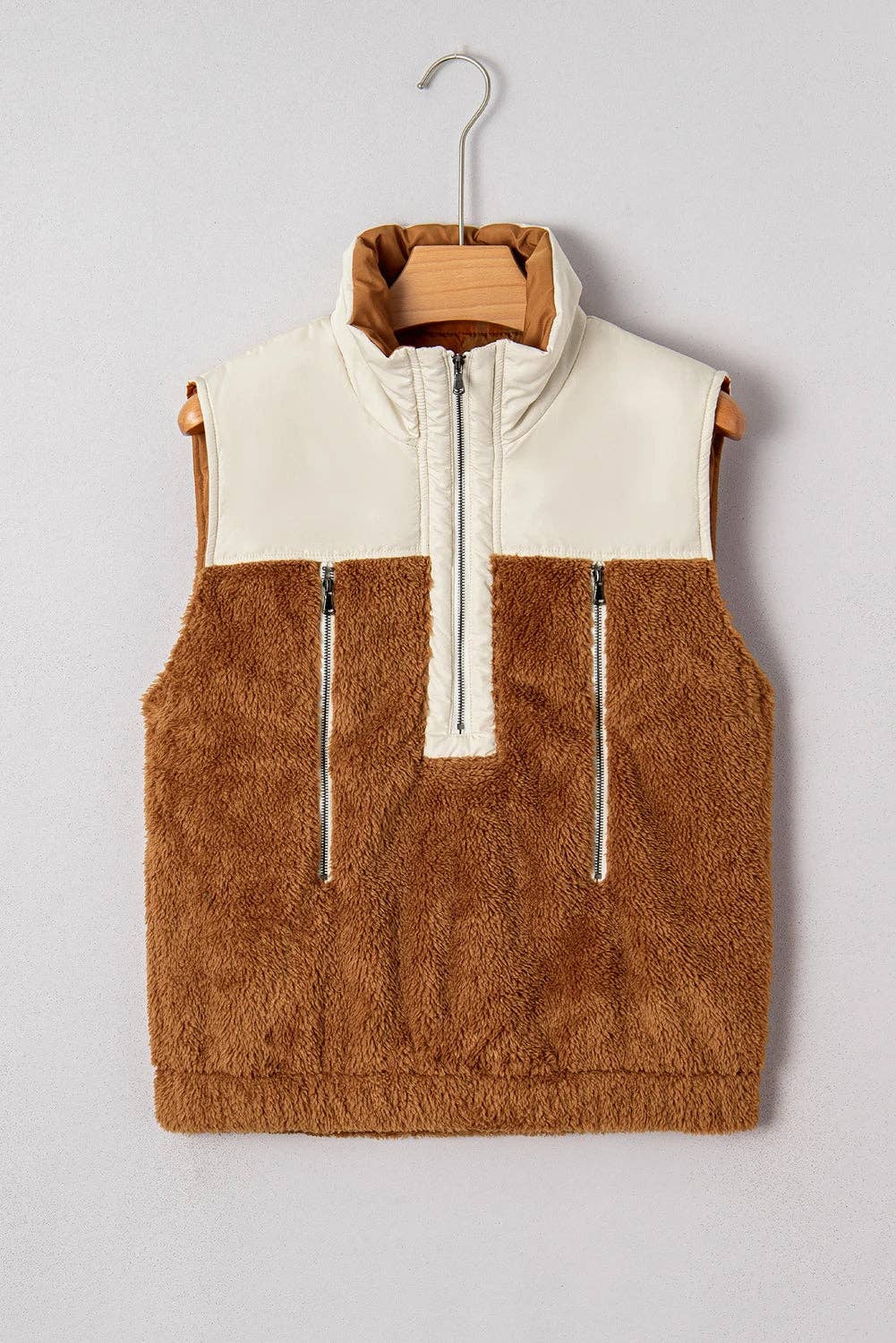 Chestnut Color Block Plush Patchwork Zipper Stand Neck Vest