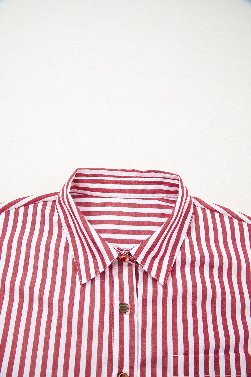 Red Stripe Patched Pocket Side Slit Loose Shirt