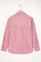 Red Stripe Patched Pocket Side Slit Loose Shirt