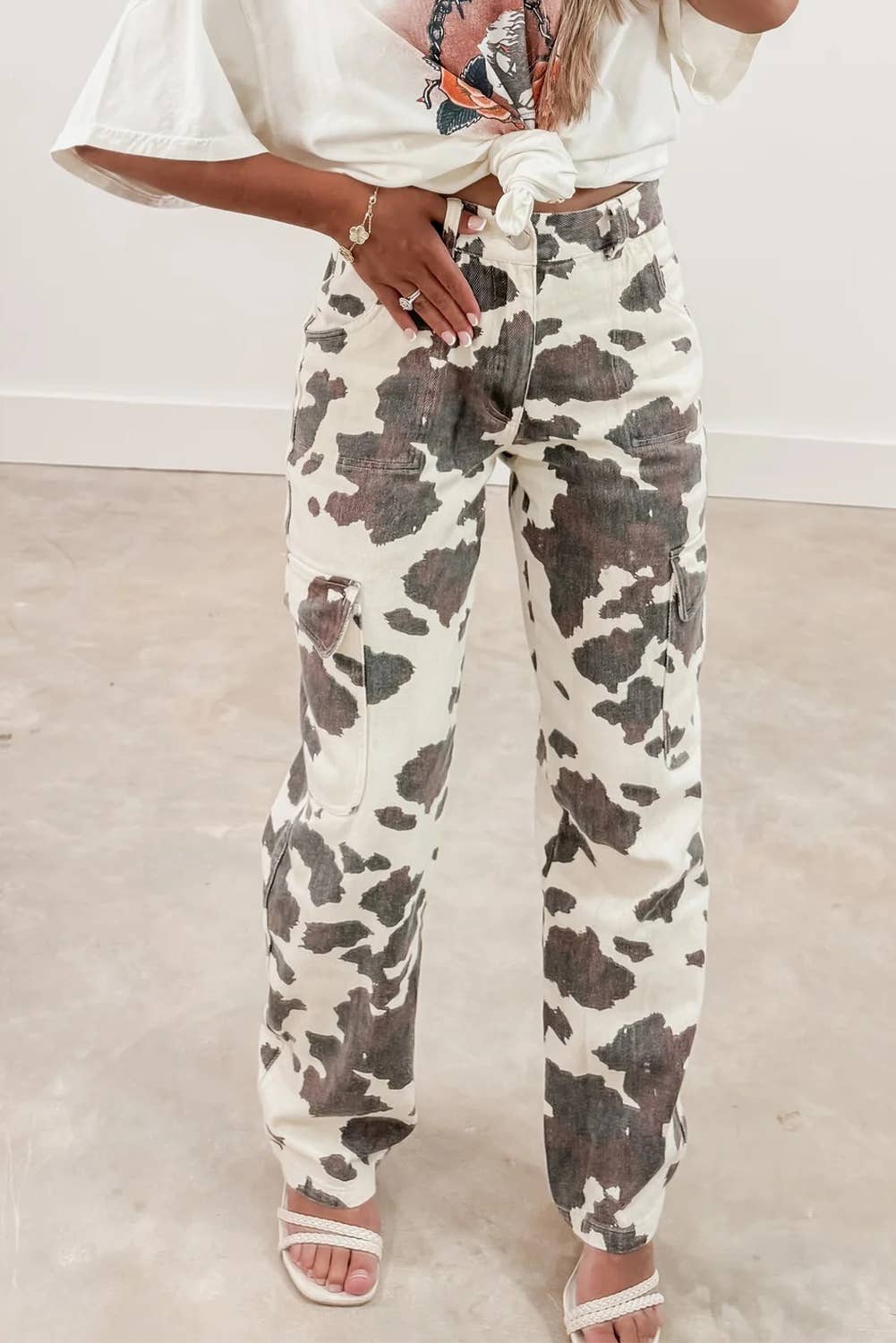 Brown Western Apparel Cow Spots Printed Multi Pocketed Jeans